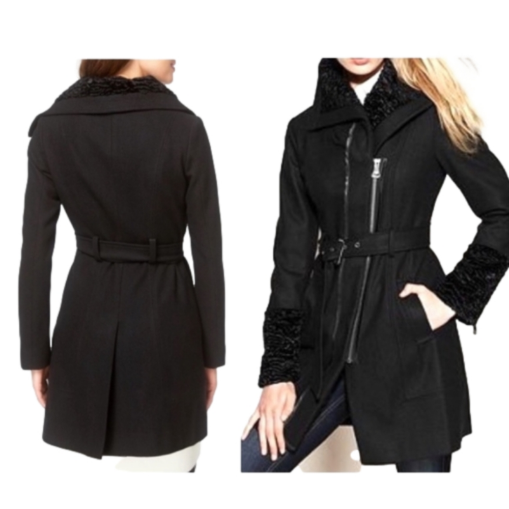 GUESS Wool Blend Faux Fur Black Coat